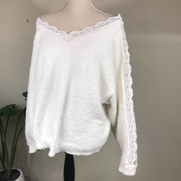 Sweaters - Oversized Lace Wide V-neck Slouchy Sweater, XL